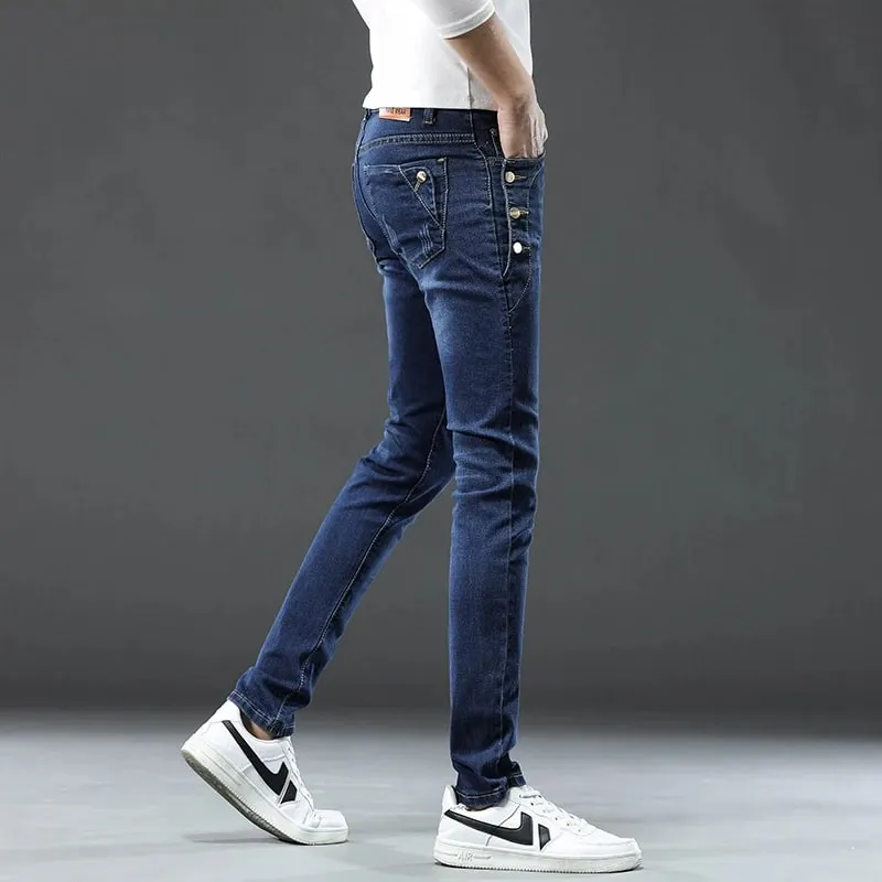 New Men Slim Korean Button Jeans Black Skinny Solid Color Stretch Multi-button Youth Male Denim Pants Streetwear — image 4