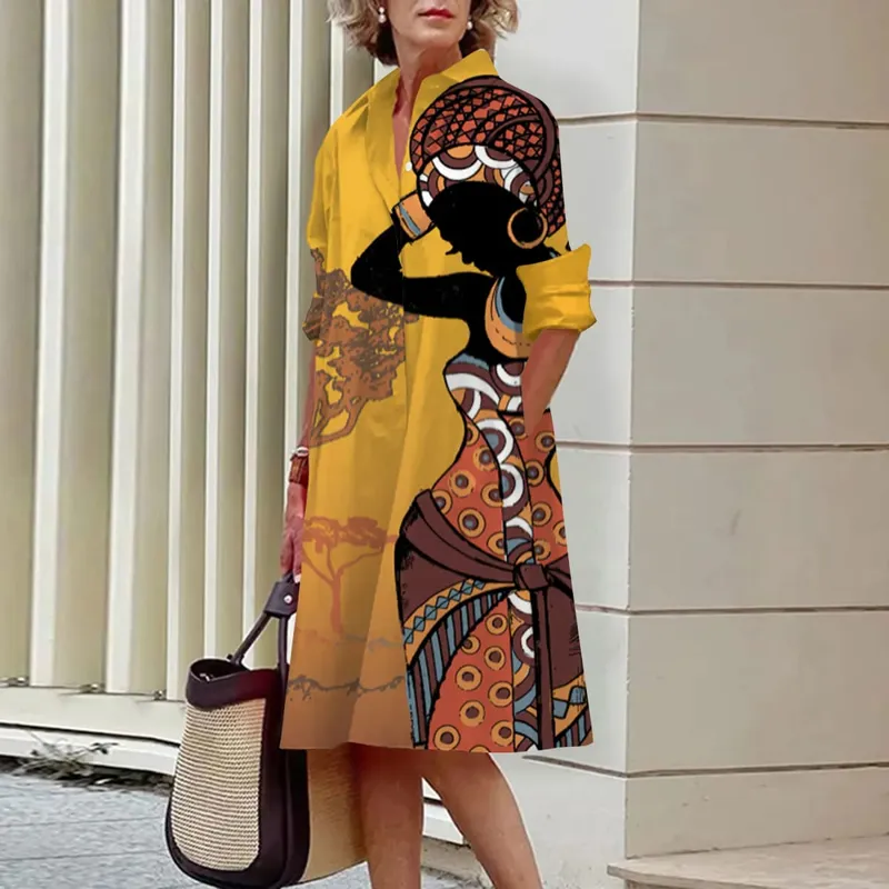 Women's Long Work Dresses Turtleneck High Waist Tie Button Face Pattern Printed Shirt Dresses Button Loose Spring and Summer — image 13