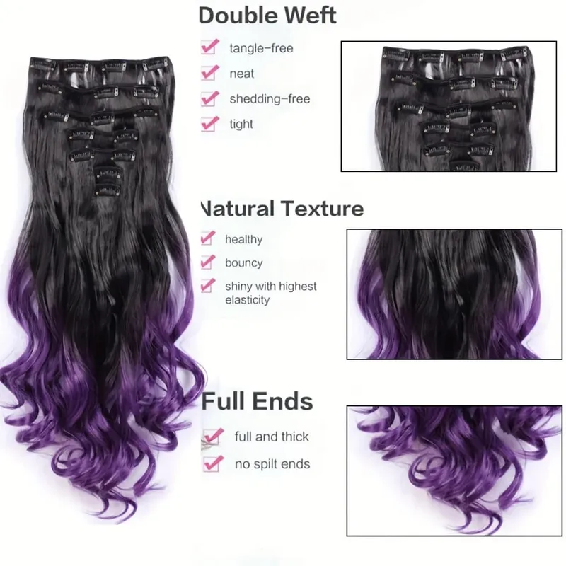 Clip in Hair Extensions Ombre Color Synthetic 7pcs Set Wavy Curly Hairpieces Black to Purple For Women Girls — image 4