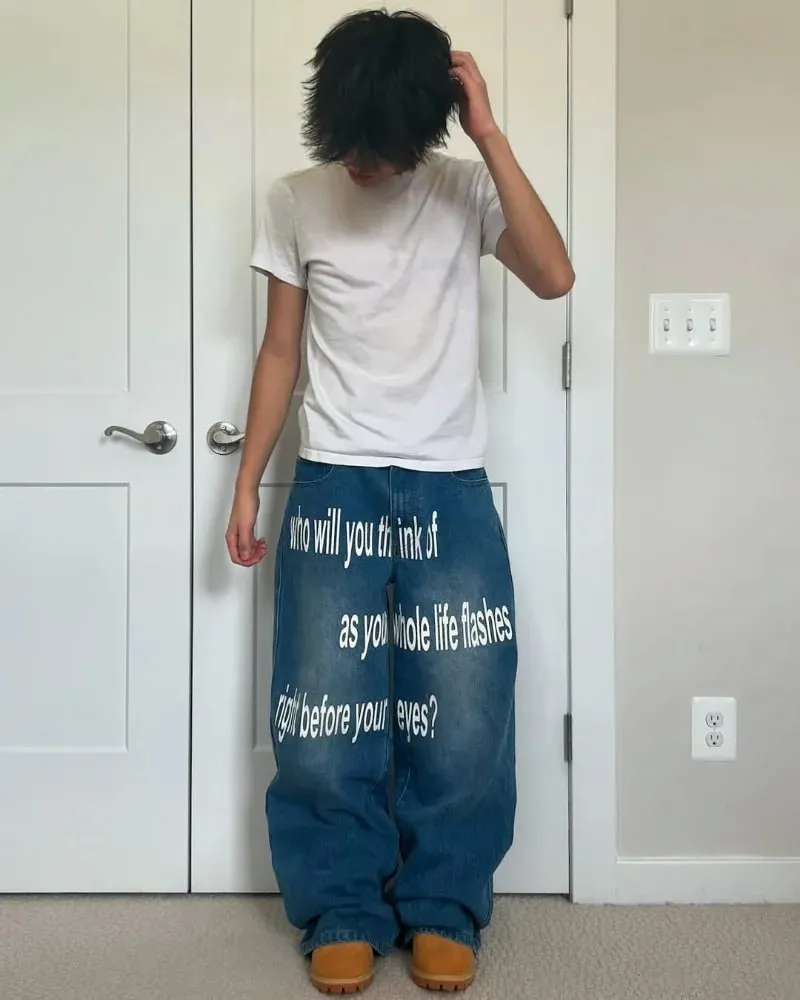 Y2K men Jeans Harajuku Pattern letter jeans Hip Hop streetwear men women 2000s gothic fashion Casual aesthetic wide leg jeans