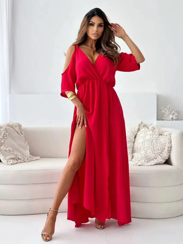 ฤดูร้อน V คอกระโปรง Slit Dress Off-ไหล่เซ็กซี่สปาเก็ตตี้ชุดเดรสแฟชั่น Elegant หลวม Beach Dresses Robe femme