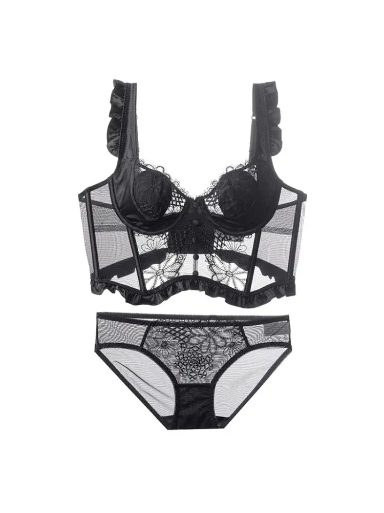 French Fishbone Lace Minimizer Bra Soft Underwire Open Back Lingerie Set for Women Sexy & Pure Push Up Bralette Anti-Sag — image 5