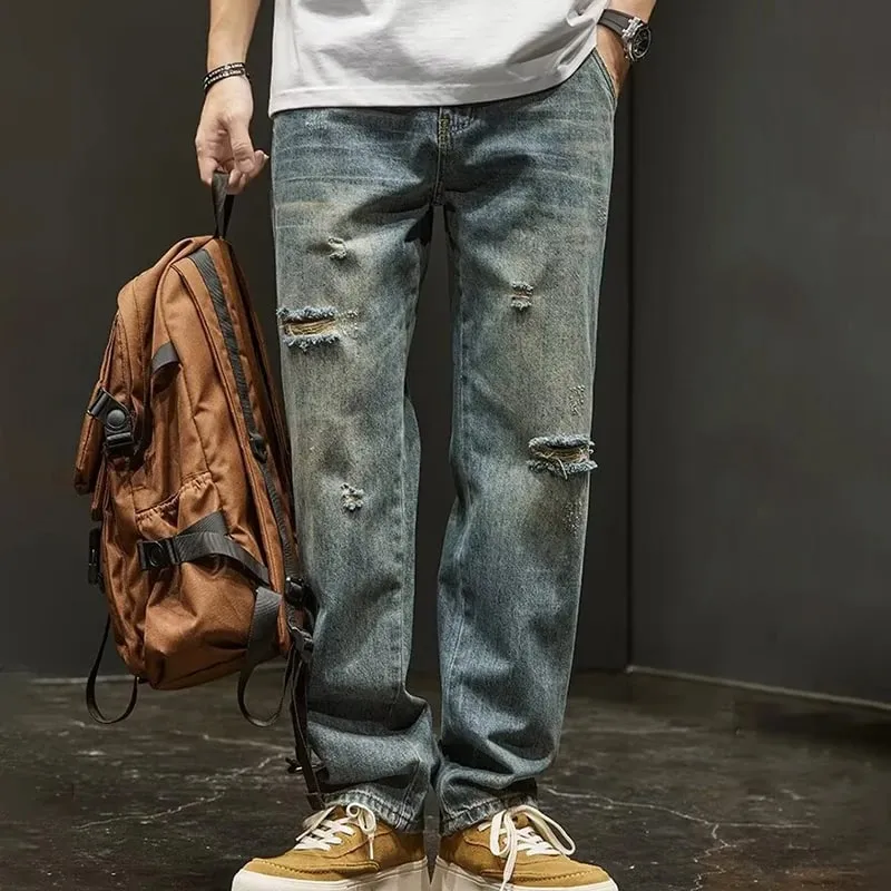 Korean Version Ripped Jeans Men'S Autumn New Retro Casual Pants High Street Loose Straight Leg Pants