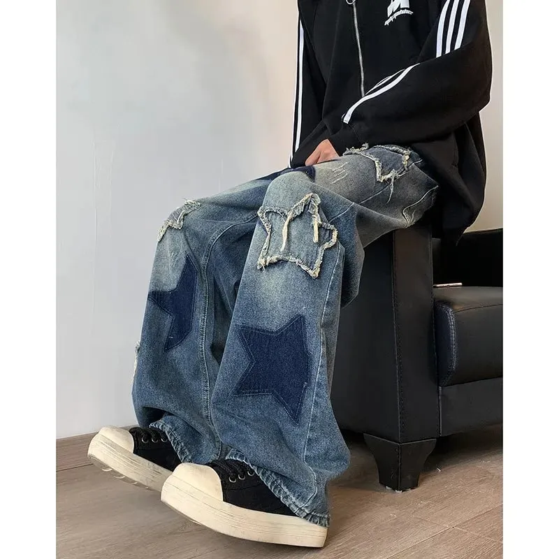 Jeans Men Straight Star Embroidery Patchwork Autumn Jeans Uomo Wide Leg Hip-hop Fashion Youth Neutral Streetwear Denim Trousers — image 1