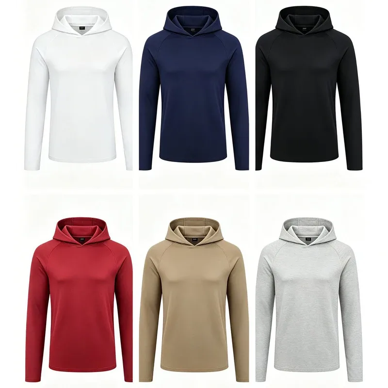 Sweats à capuche à manches longues pour hommes Chemises de protection solaire T-shirt solide à séchage rapide pour hommes Bodybuilding Fitness Muscle Sportwear Vêtements de sport