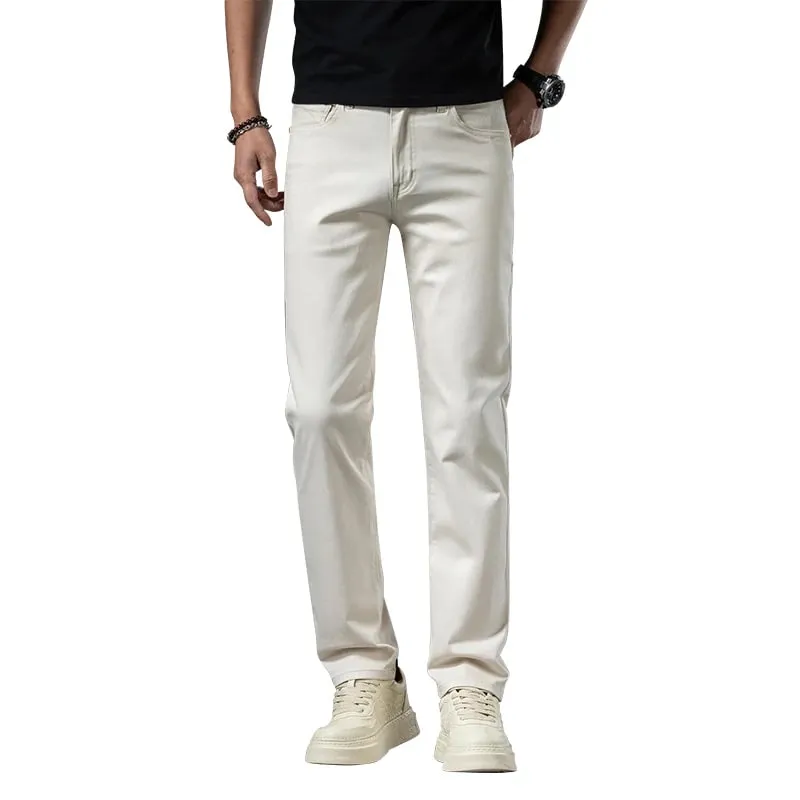 2024 New Men's Khaki White Cotton Stretch Slim Smart Jeans Casual Straight Business Fashion Beige Brand Denim Trousers — image 5