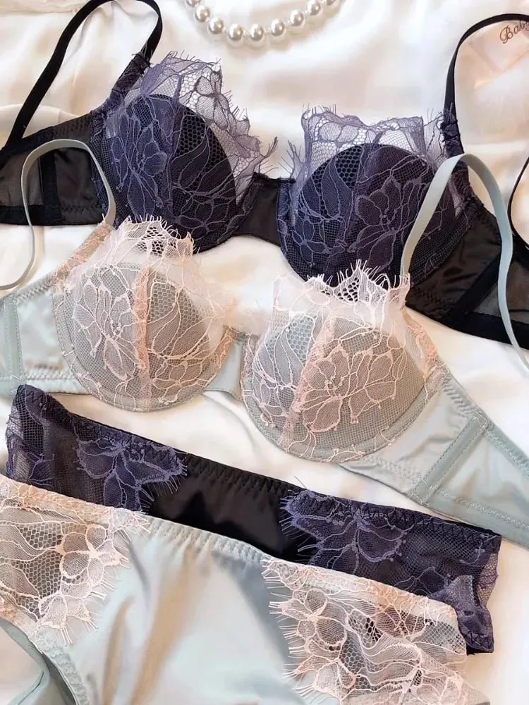 French Sexy Lacy Lacy Underwear Set Thin Bra with Big Breasts and Small Bra Soft Underwire Anti-sagging Side Milk — image 3