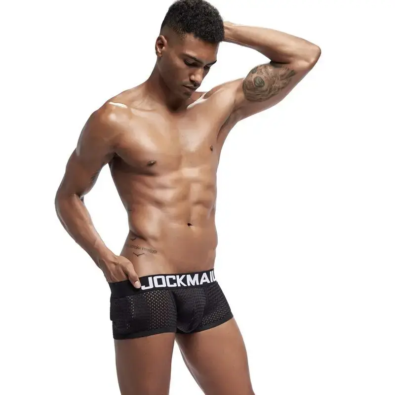 Jockmail Boxers Sexy Mens Panties Mesh Quick-drying Breathable Calzoncillos Solid Color Simple Boxers Hombre Semi-transparent — image 2