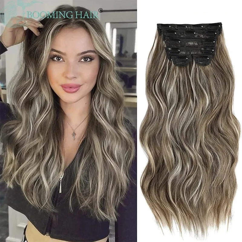 Extensions Long Synthetic Clip In Hair Wavy Clip In Hair Extensions 6Pcs/Set Piece Synthetic Ombre Blonde Brown Thick Hairpieces — image 2