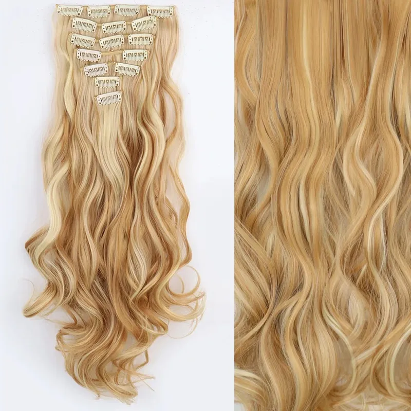 24Inch Synthetic Extension 16 Clips Blonde Hair Natural Long Wavy 7Pcs/Set Heat Resistant Fiber Hairpiece Black Brown Hairstyle — image 22