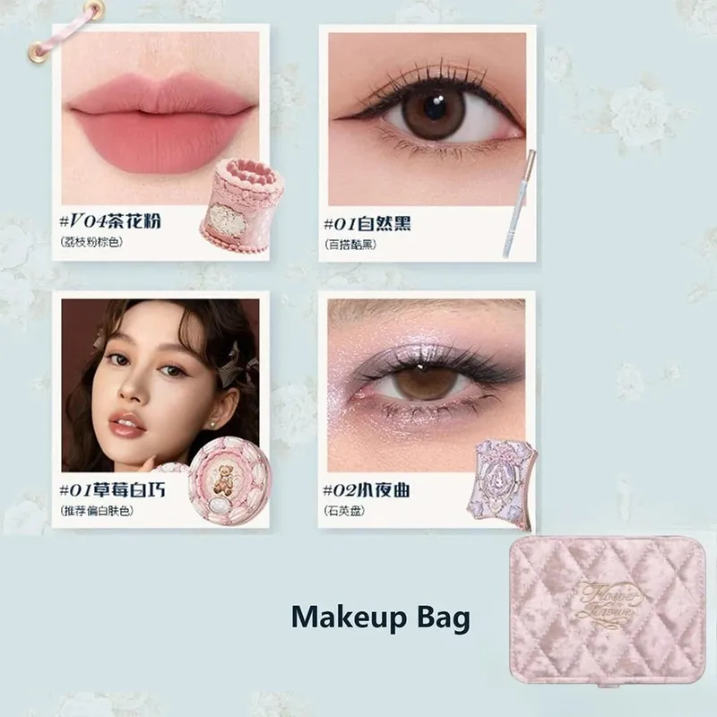Flower Knows Makeup Gift Set for Women Shimmer Eyeshadow Palette Full Coverage Concealer Gel Eyeliner & Lipstick Cosmetic Kit