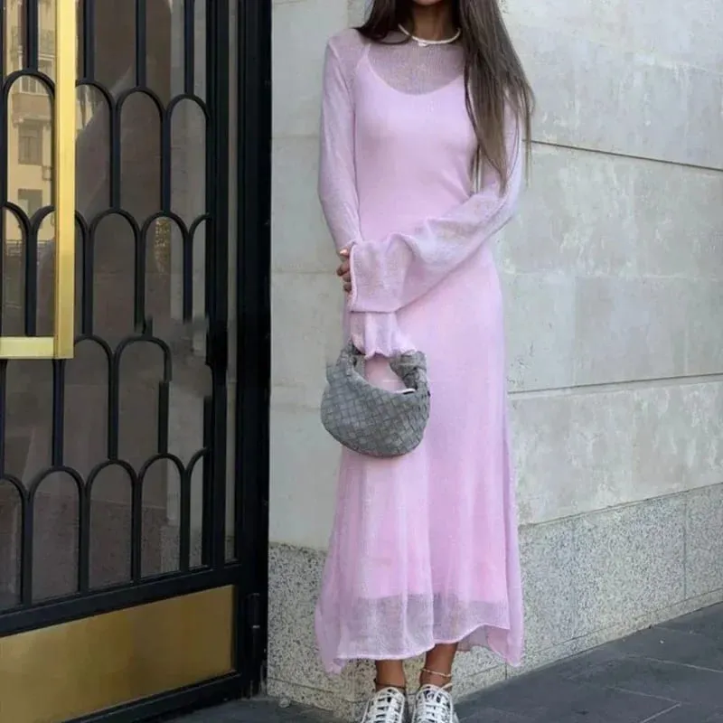 Spring Autumn O-Neck Elastic Knit Long Dresses Women 2024 Elegant Chic Soft Lady Hollowing Sweater Dresses Femme New — image 2