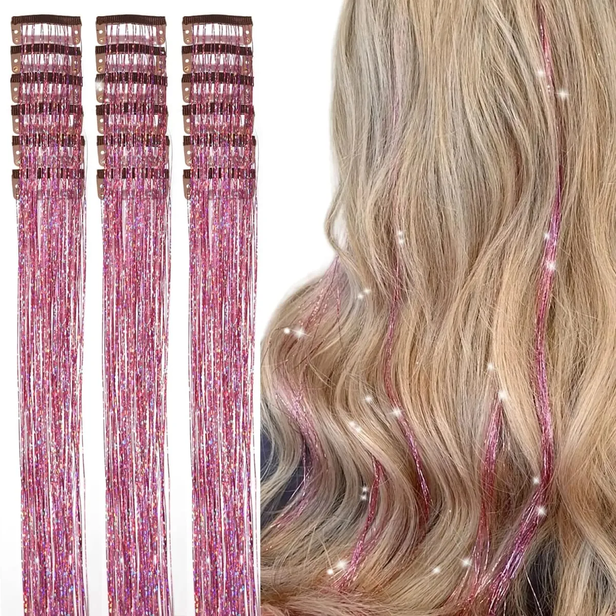 20 Inch Glitter Tinsel Hair Extensions with Clips In 6Pcs/Set Synthetic Clip in Sparkle Fairy Hair Accessories for Women Kids