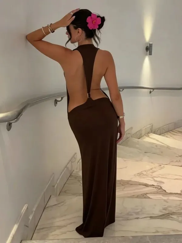 Solid Halter Backless Maxi-jurk met uitsnijding aan de zijkant Dames Stretch Jersey Vloerlengte Slanke bodycon-jurken Nachtclub Vakantiegewaad
