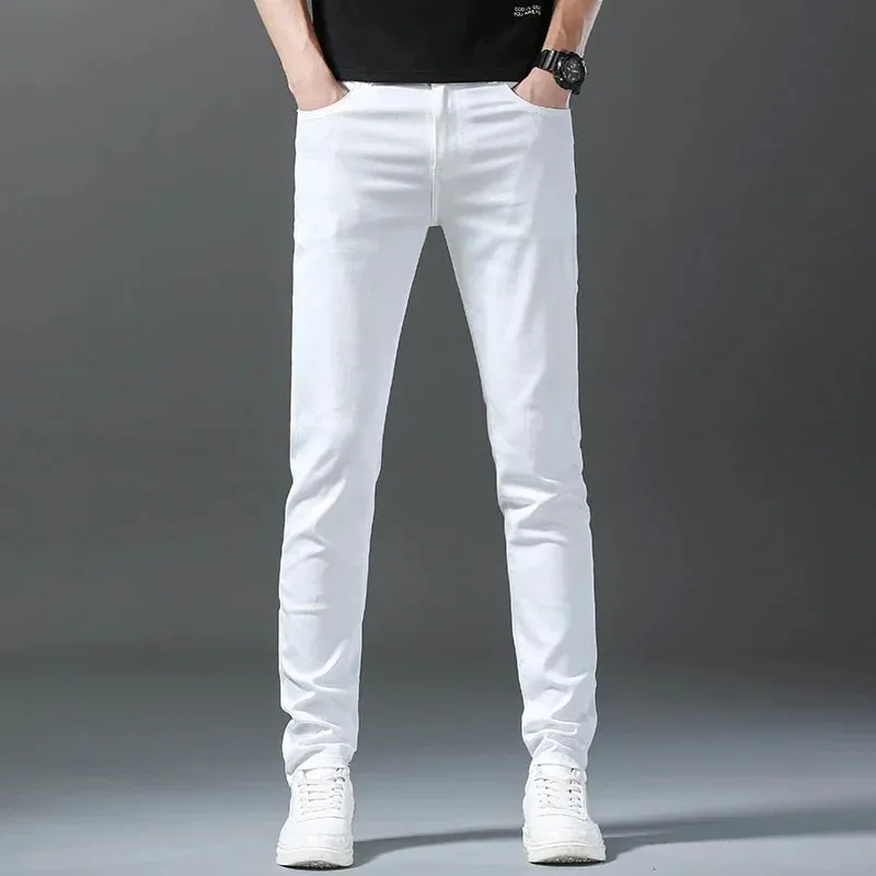 2026 Spring New Men Slim Jeans 98% Cotton White Stretch Straight Casual Fashion Pencil Pants High Quality Trousers Male Clothes