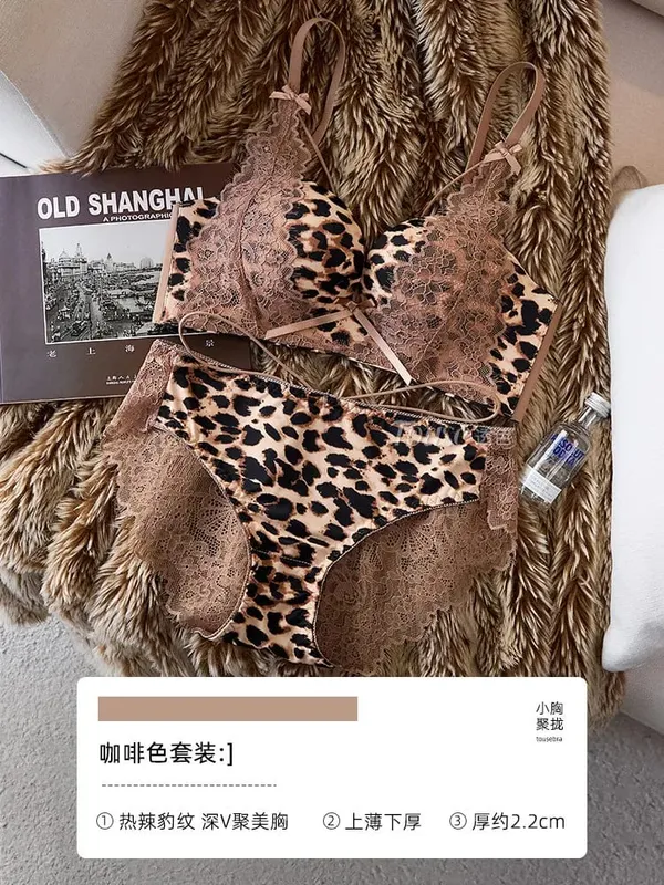 Set Pakaian Dalam Wanita Seksi Leopard Print Lace 32‑38AB Wayarles Tolak Sisi Sokongan Anti‑Sag Pure Desire Seluar dalam PANAS