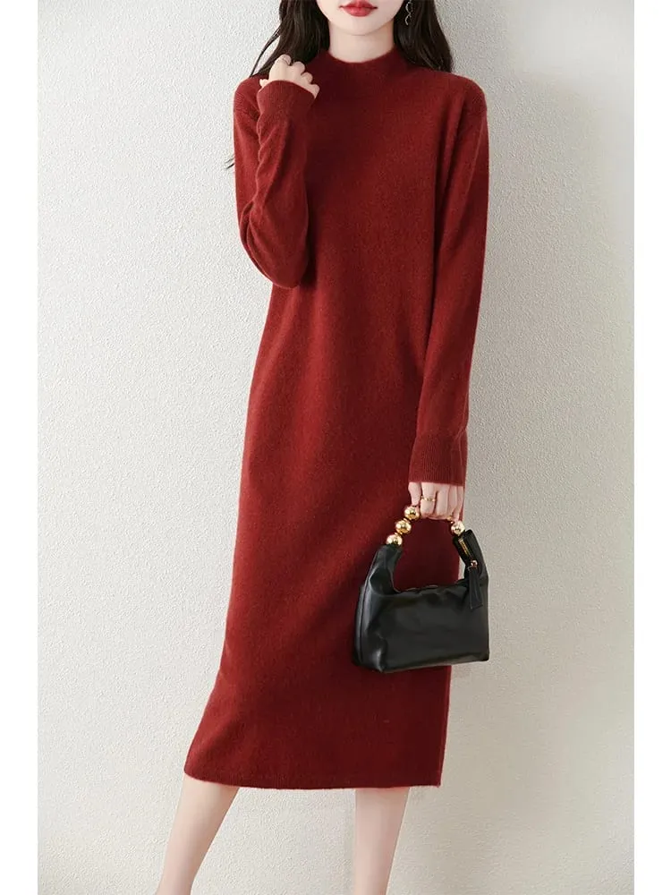 Autumn Winter Women's Wool Long Dress Cashmere Mock Neck Pullover Sweater 100% Merino Wool Soft Knitwear OL Simple Basic Dress — image 2