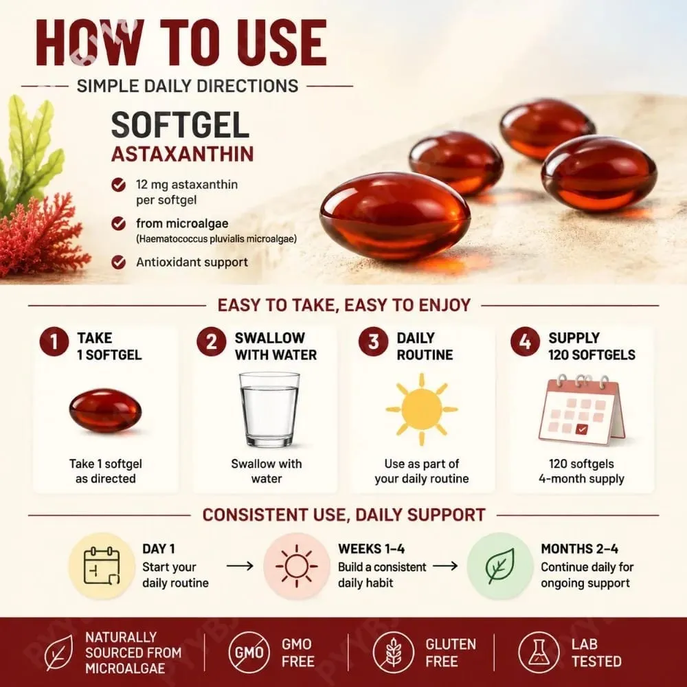 Astaxanthin 12mg Softgels from Microalgae Triple Strength Antioxidant Supplement Cellular Wellness & Everyday Balance 120 Count