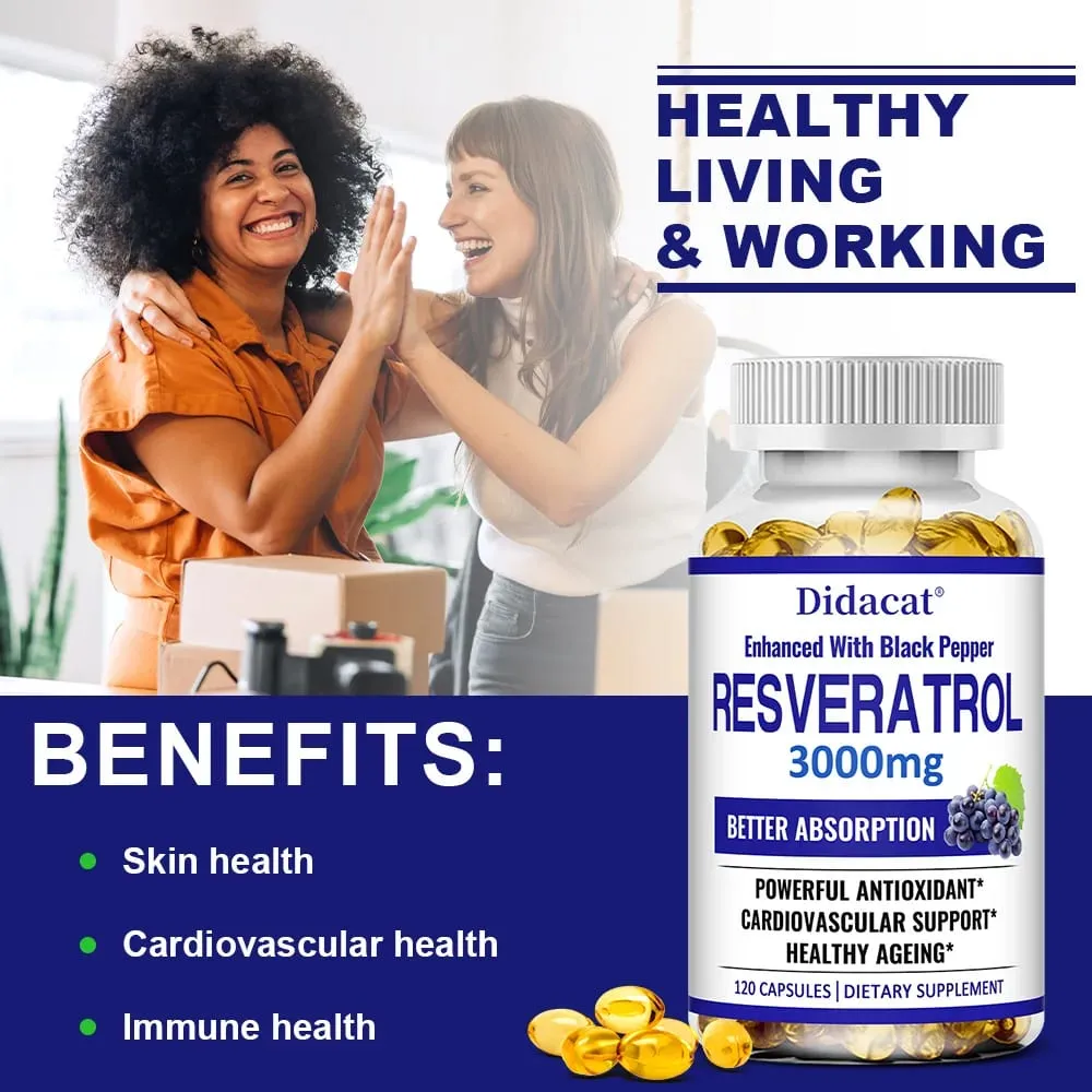 Resveratrol 3000 Mg Antioxidant Supports Brain Immune Joint and Cardiovascular Health Improves Skin Gluten Free Non-GMO — image 4
