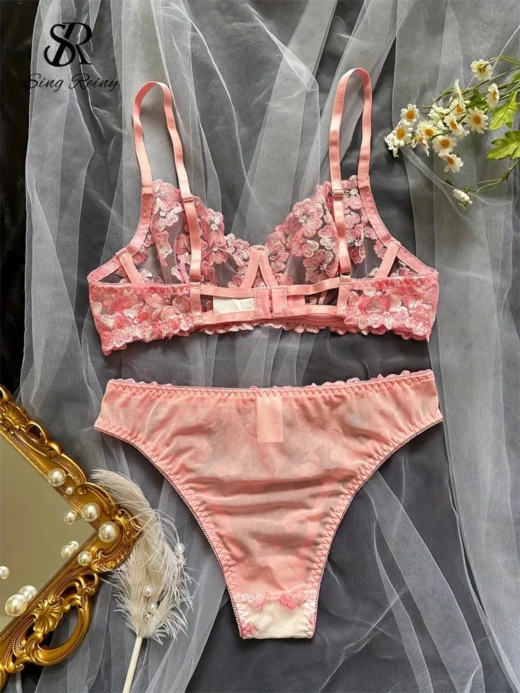 Lưới Sheer Quần Lót Hai Mảnh Phù Hợp Với Hoa Pháp Seusual Bộ Đồ Lót Nữ Thêu Áo Ngực Gợi Cảm & Quần Đùi Bộ — image 3