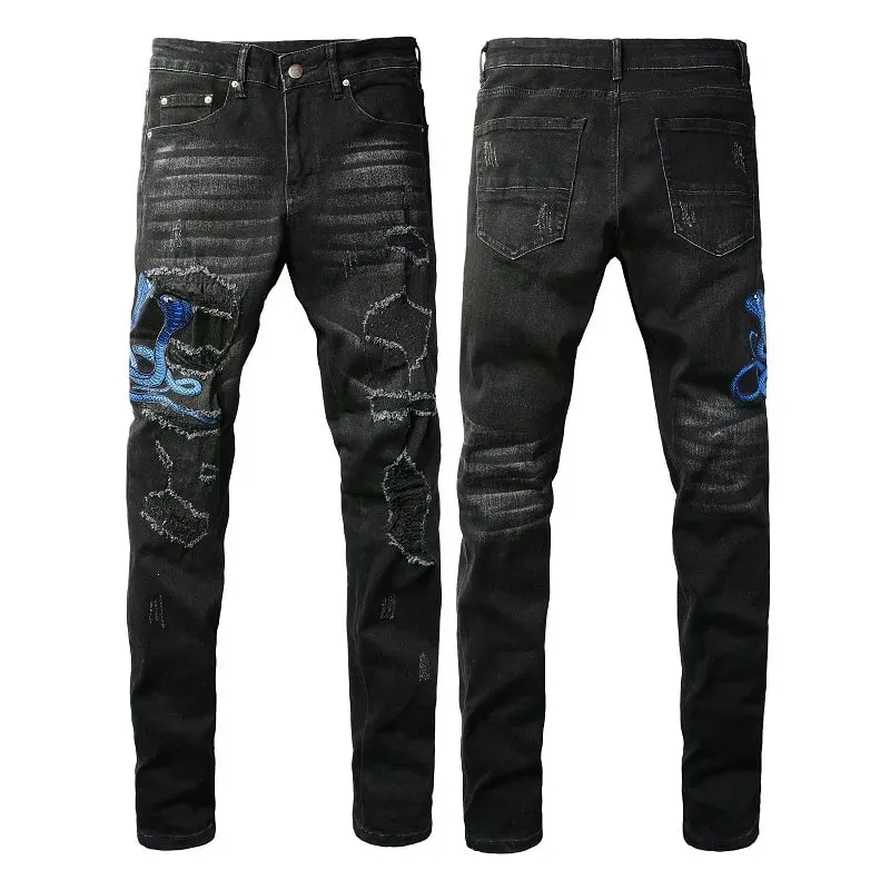 Men Snake Embroidery Jeans Streetwear Leather Patch Stretch Denim Skinny Pants Holes Ripped Distreesed Pencil Trousers