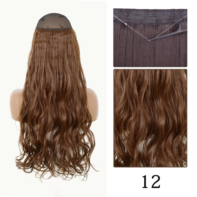 Synthetic No Clip Adjustable Fish Line Hair Extensions Natural Blonde Brown Long Wavy Heat Resiatant Hairpiece For Women