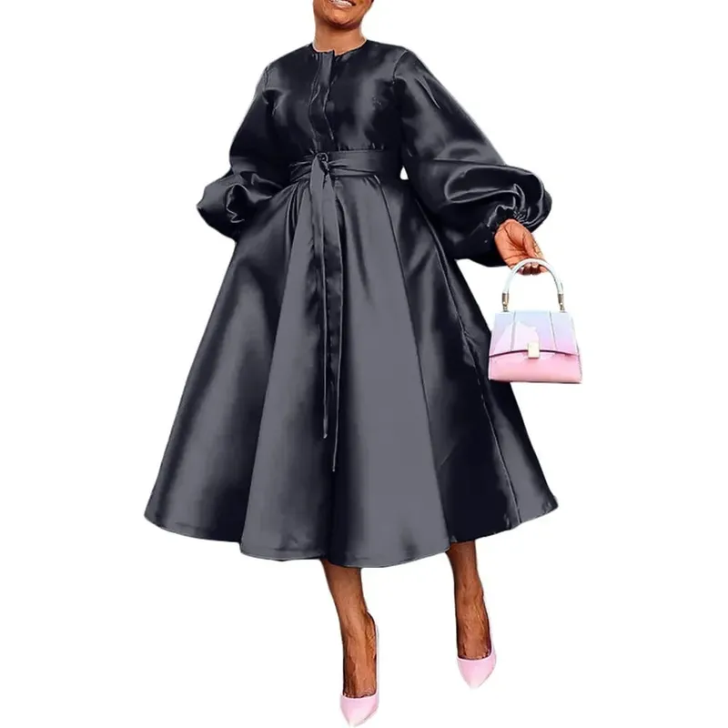 Satin Puff Sleeve Evening Dress for Women Pleated A-Line Round Neck Elegant Party Club Casual Solid Midi Dress with Belt 2025 — image 9