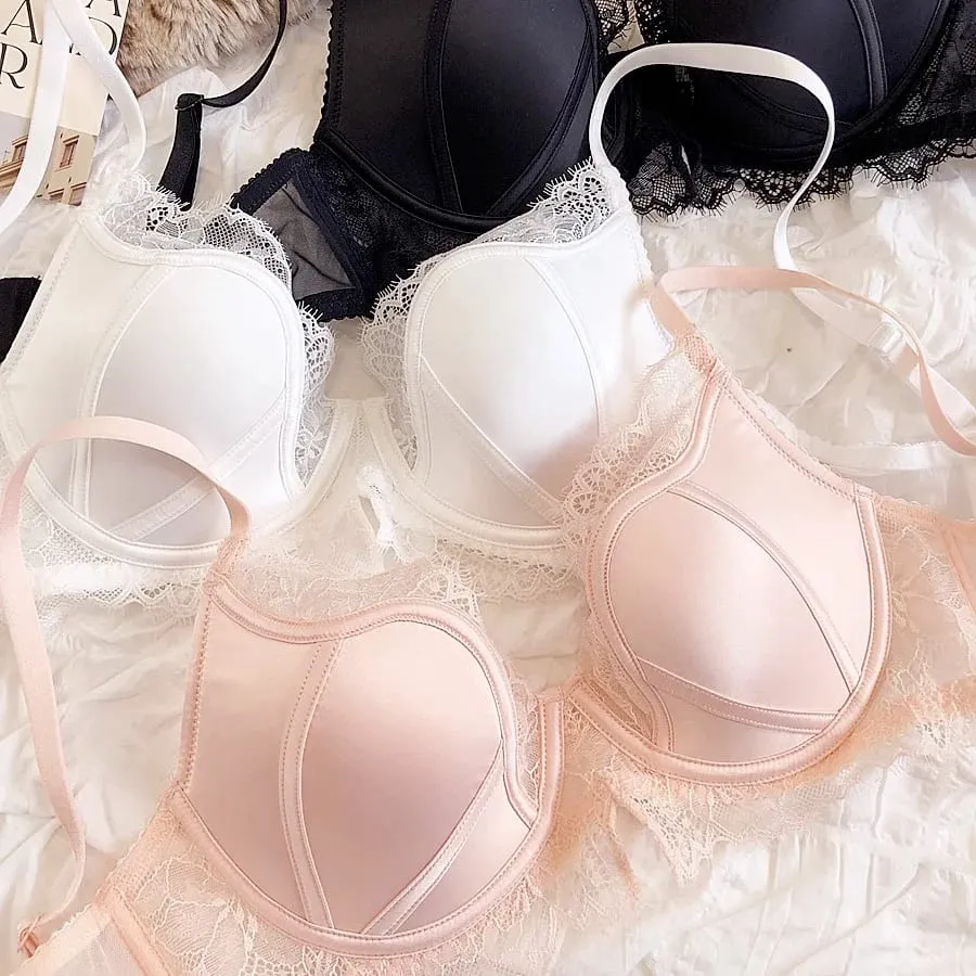 Sweet Little Fresh Deep-V tenké spodní prádlo s krajkou pro ženy, sexy set podprsenky s velkou velikostí BC, spodní prádlo push up se spodničkami