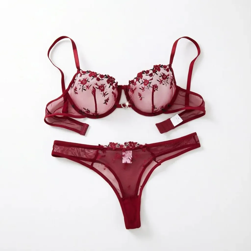Ladies' Wine Red Heart-Shaped Design Embroidered Semi Transparent Comfortable Breathable Underwear Set Suitable ZA825026 — image 1