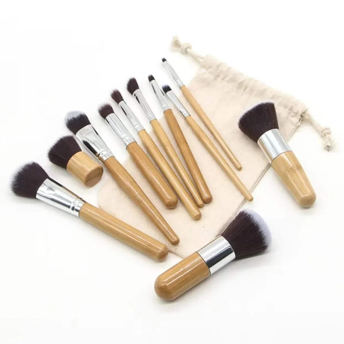 11pcs Natural Bamboo Handle Makeup Brushes Foundation Blending Make Up Tool Set With Cotton Bag