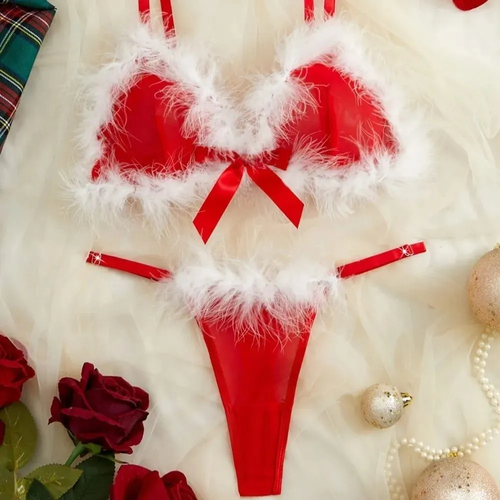 Furry Women's Underwear Mesh Transparent Bow Decor Lingerie Set Romantic Intimate Wireless Bra Panties Suit Anniversary — image 2