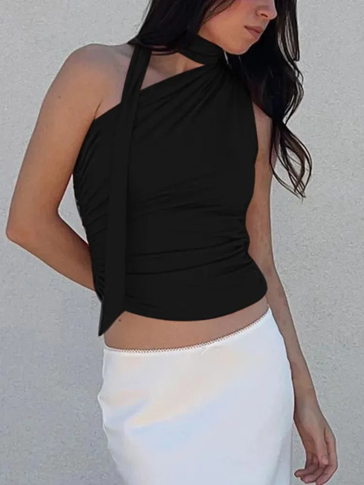 Backless Sexy Off Shoulder Halter Tank Tops Women Vintage Sleeveless Crop Top Y2K Clothes Club Female Casual Summer