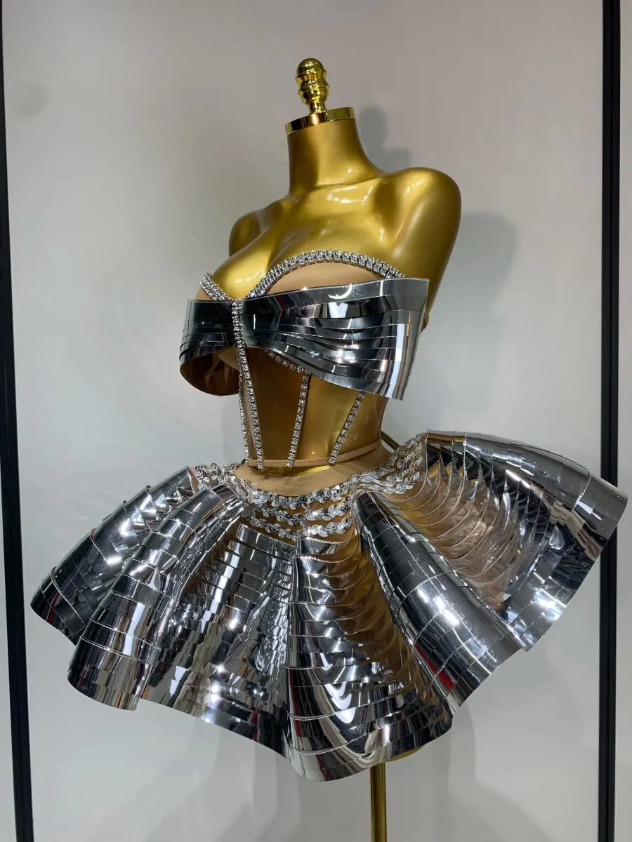 Women Stage Performance Costume Two Piece Set Silver Sequins Rhinestone Fancy Outfit Sexy Backless Shiny Birthday Party Dresses — image 2