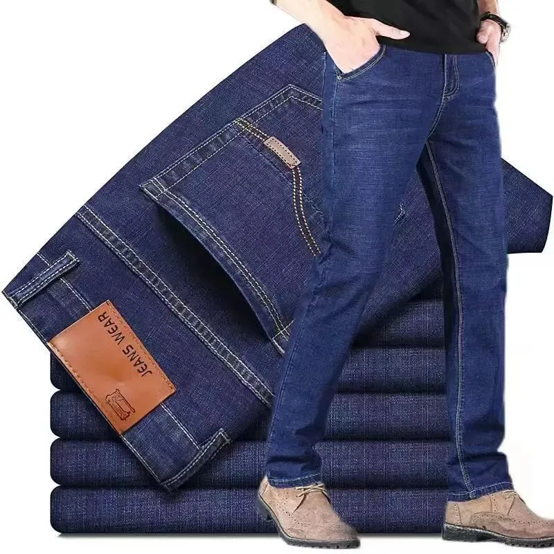 2024 Summer Thin Men's Elastic Cotton Jeans Fashion Gray Comfortable Business Straight Casual Pants High Quality Brand Trousers — image 5