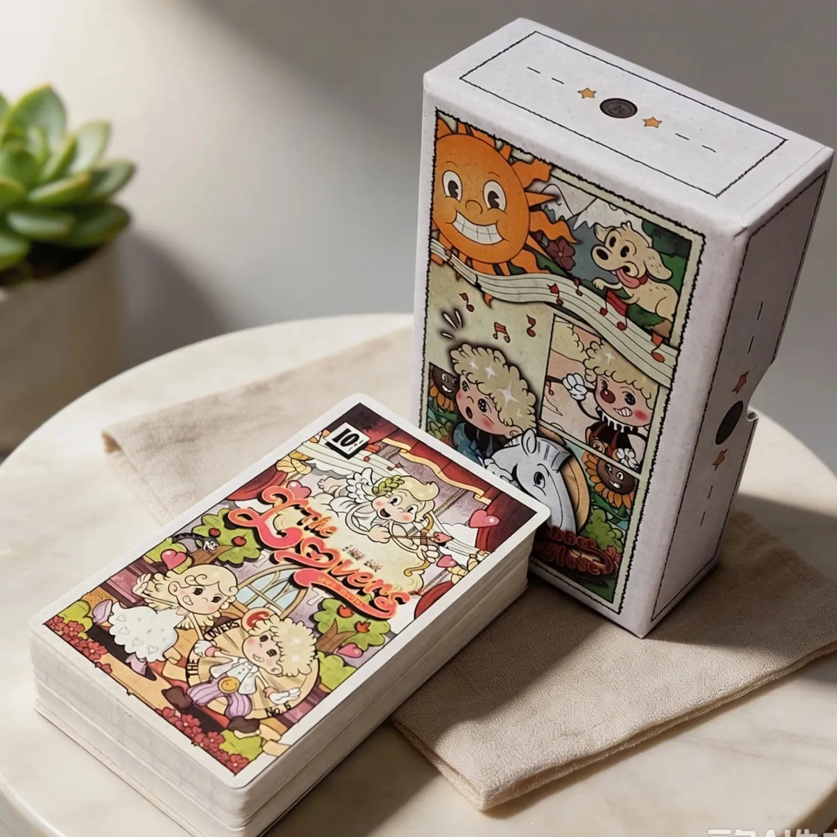 Dupla dombornyomott, 12*7 cm-es vintage gumitömlős Tarot pakli merev dobozban 78 régi rajzfilmes művészeti tarotkártya