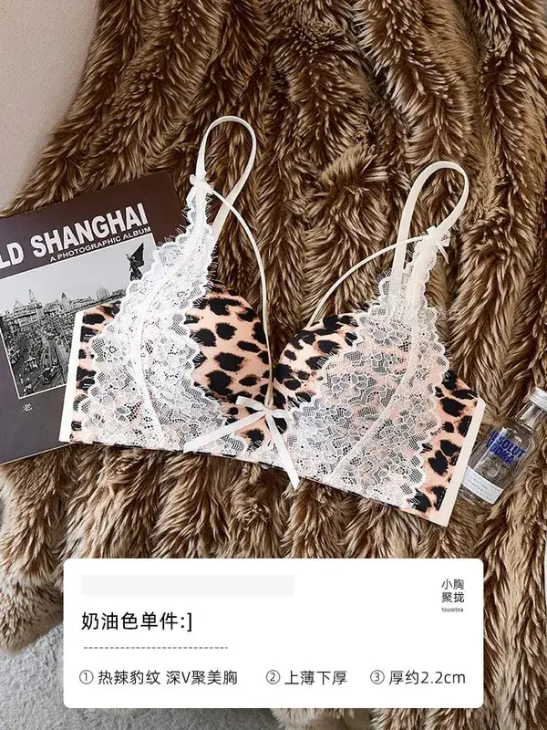 Set Pakaian Dalam Wanita Seksi Leopard Print Lace 32‑38AB Wayarles Tolak Sisi Sokongan Anti‑Sag Pure Desire Seluar dalam PANAS