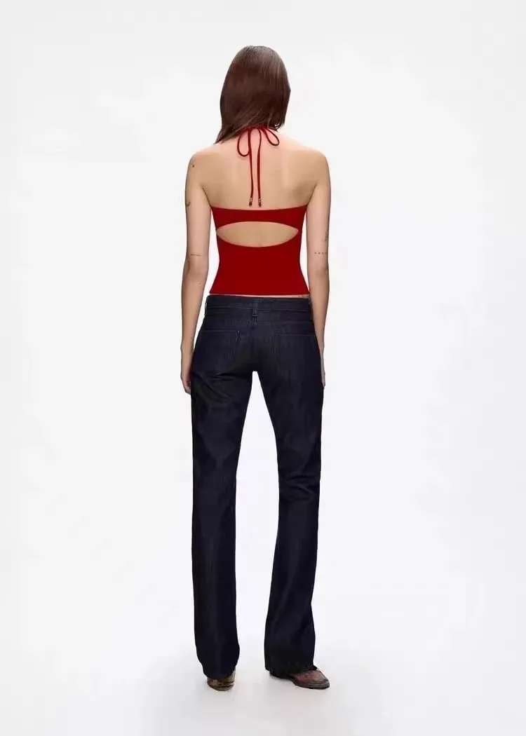 Tank summer red lace up halter top with cherry pink suspender and hollowed out back design — image 4