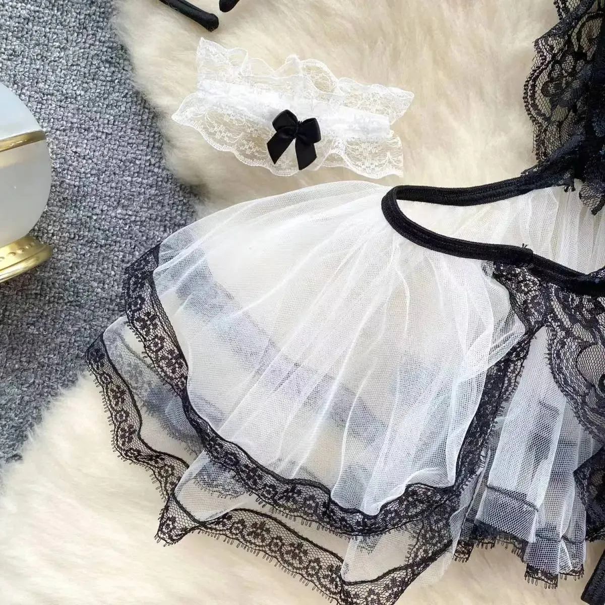 Lolita Strap Bodysuit With Cross Lace Up Hollow Patchwork Playsuit Double-Layer Sheer Mesh Sweet Women's Pajamas Sexy Lingerie — image 5