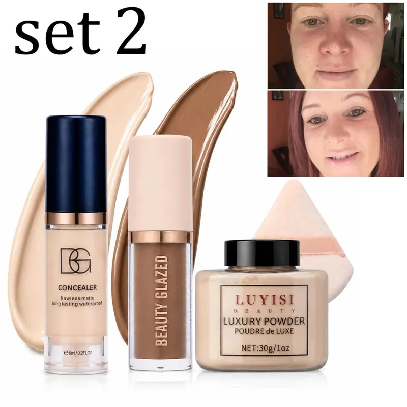 4pcs/Set:Concealer Contour Loose Powder&Puff Full Face Sculpting&Setting Kit Waterproof Long-Lasting Matte Effect Oil-Control.