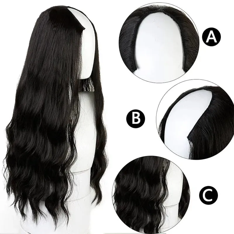Long Wavy Culry U-Shaped Half Wig for Women 24" Natural Female Long Black Brown Wigs Heat Resistant Synthetic Hair Extensions — image 2