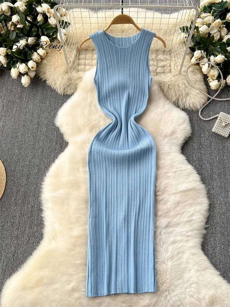 Women Sheath Long Dress O Neck Sleeveless Solid Pleated Knit Elastic Fashion Elegant Stiped Retro Sexy Bodycon Dress — image 4