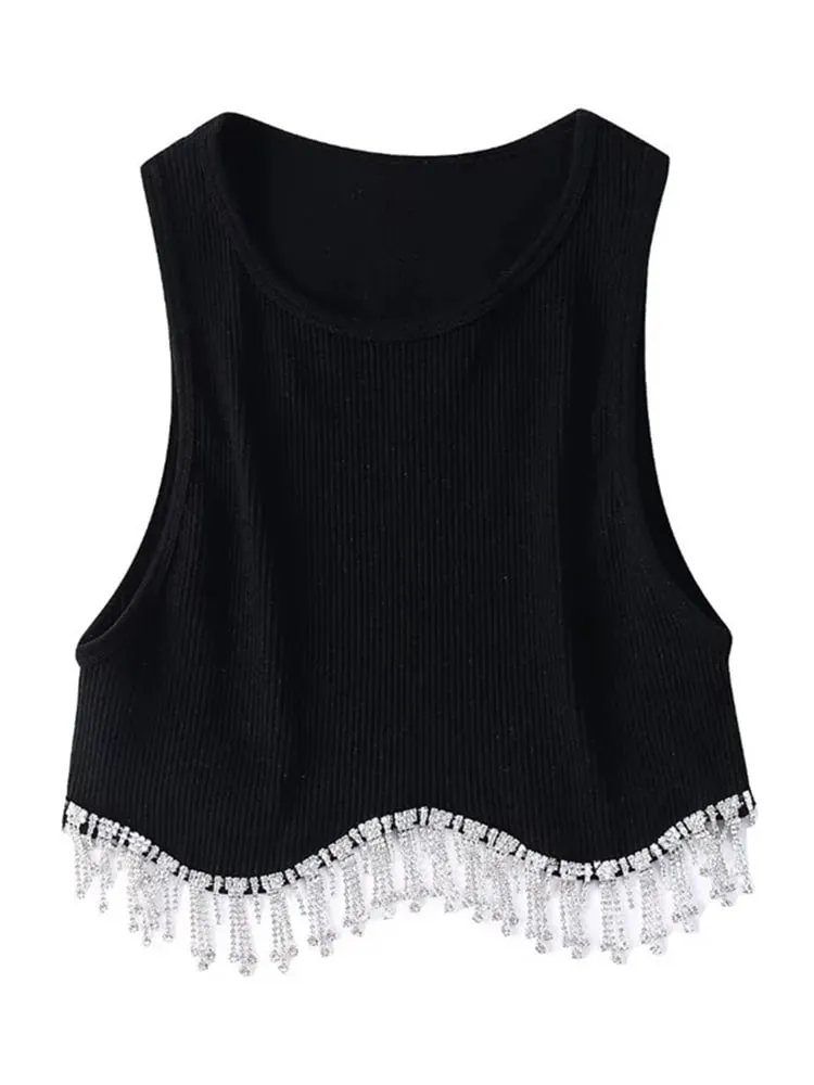 High Street Sexy Hem Tassel Diamond Beading Knitting T Shirt Chic Short Camis Tank Lady Slim Crop Vest Tops — image 5