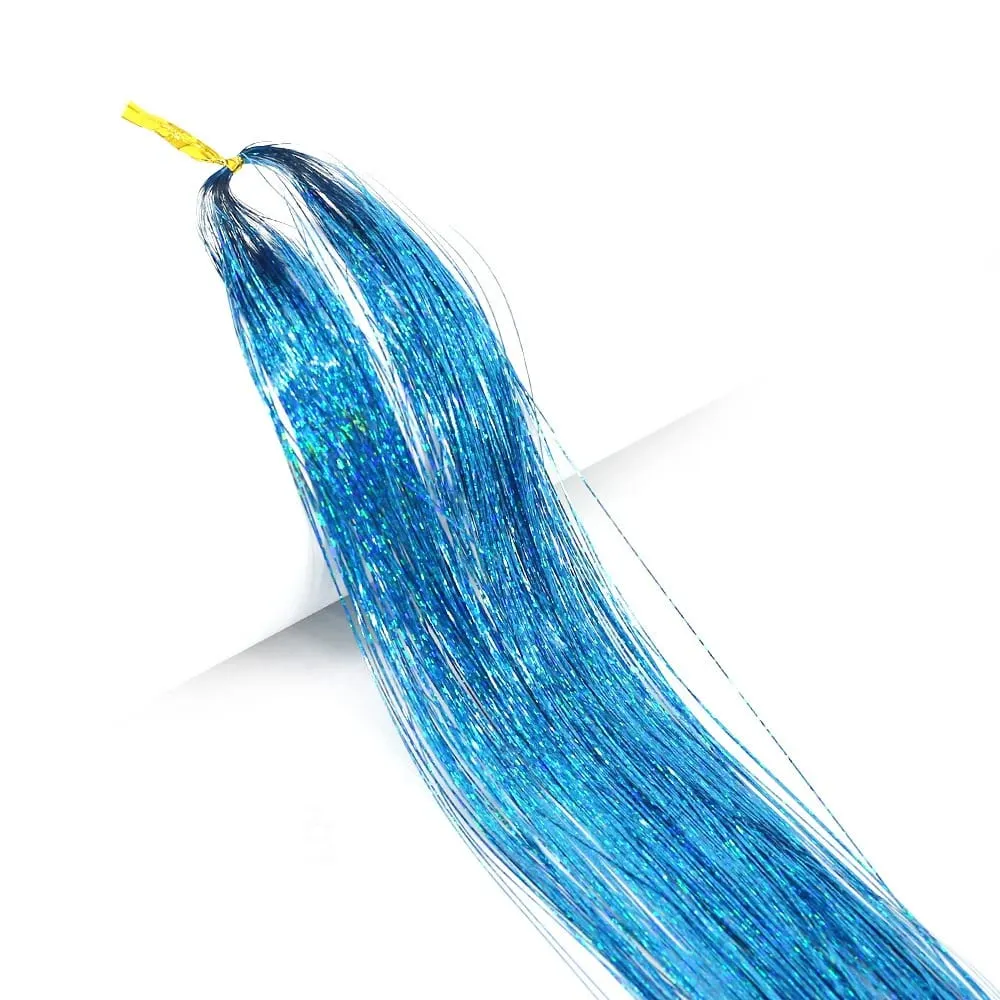 Long Sparkle Shiny Hair Tinsel Rainbow Silk Hair Extensions Dazzles Women Hippie For Braiding Headdress 120Strands/bag — image 14