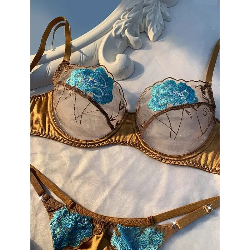 Sexy Bras for Women Fancy Lingerie Luxury Satin Underwear Delicate Embroidery Erotic Lingerie 2 Pieces Translucent Bralette Sets — image 5