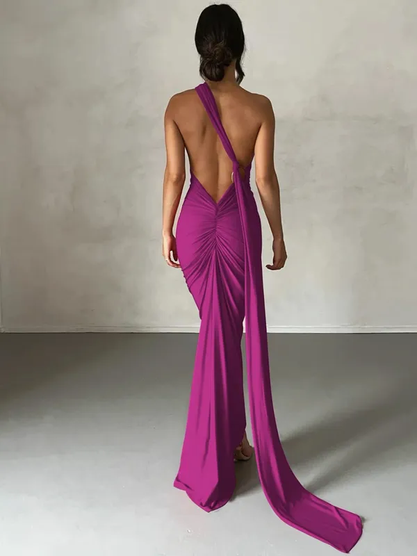 Hugcitar One Shoulder Backless Adjustable Scarf Loop Ruched Sexy Maxi Dress Women Elegant Y2K Streetwear Festival Outfit — image 17