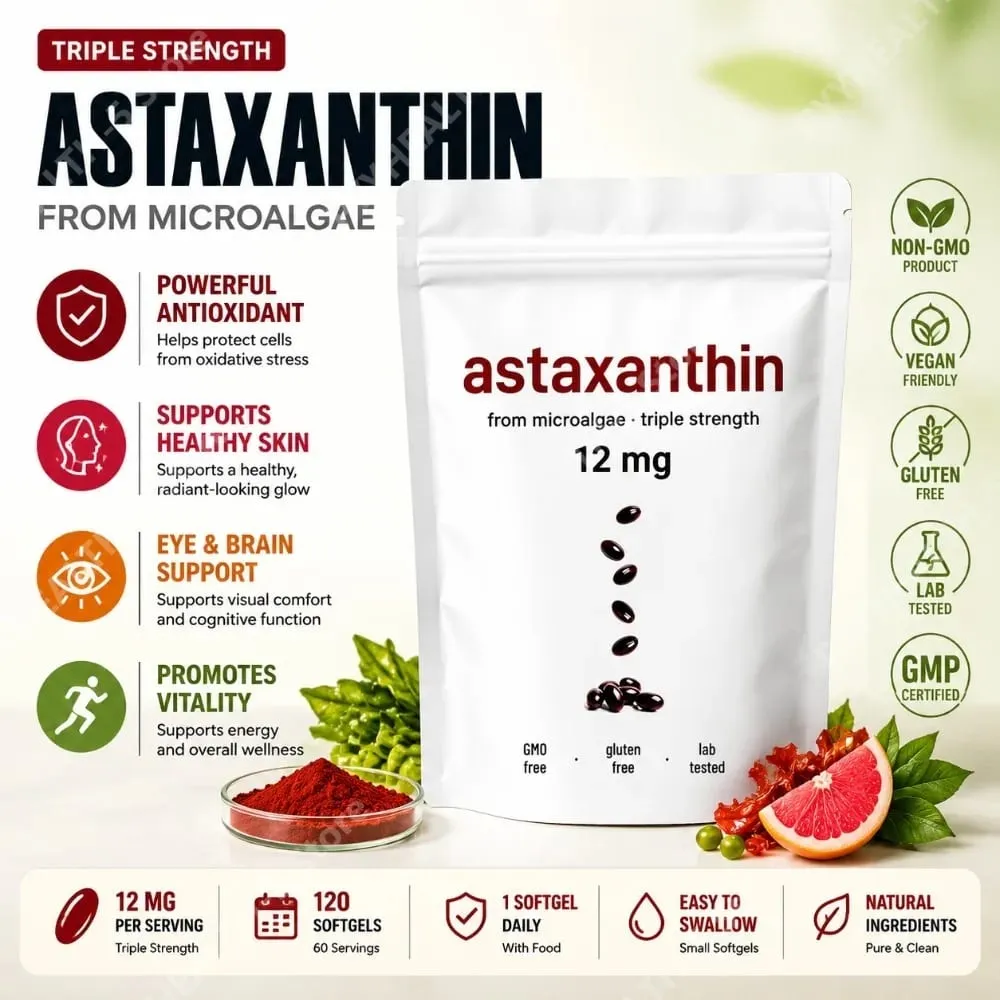 Astaxanthin 12mg Softgels - Hỗ trợ chống oxy hóa hàng ngày Không chứa gluten Không chứa gluten 120 viên dành cho người lớn — image 1