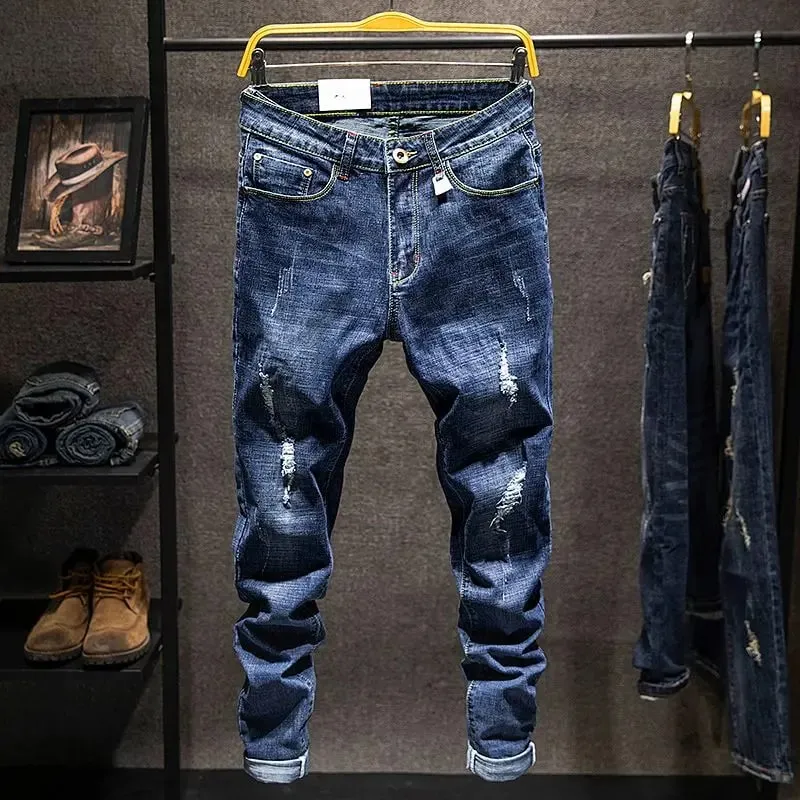 American Elastic Straight Jeans Men Ripped Worn-out Slim-fit Cotton Denim Pants Korean Style Fashion Blue Black Men's Clothing — image 9
