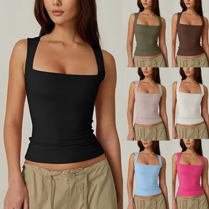2026 Summer Women's Square Neck Sleeveless Double Layer Tank Top Basic Tight T-shirt Y2k Goth Tank Top Women Crop Tops — image 7