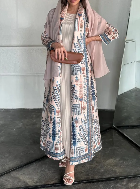 Women's Fold Miyake Pleated Abaya Long Sleeve Print Foldable Collar Robe Cardigan Coat New Winter Fashion Original Design 2026 — image 3