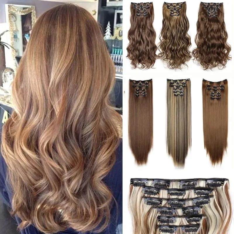 6Pcs/Set 16 Clips Hair Extension Black Long Straight Natural Hair Ombre Hairpiece Heat Resistant Fiber For Women Hairstyle Kpop — image 2